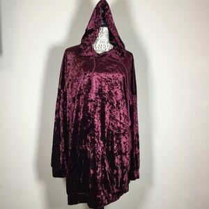 Wine color velvet long drawstring hooded sweater with large front pocket sz L